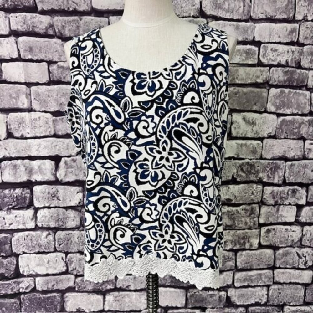 Coldwater Creek Blue, Black & White Sleeveless Blouse Size XL